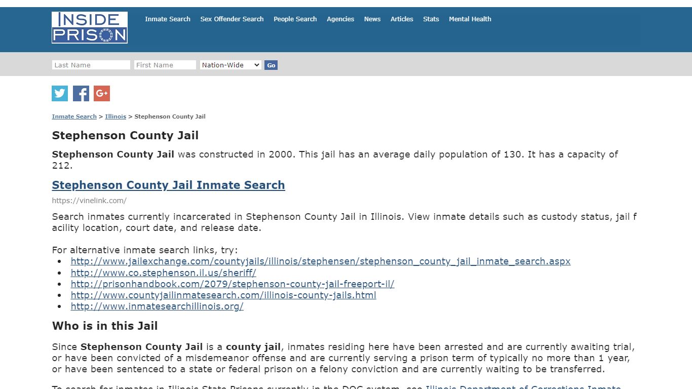 Stephenson County Jail - Illinois - Inmate Search